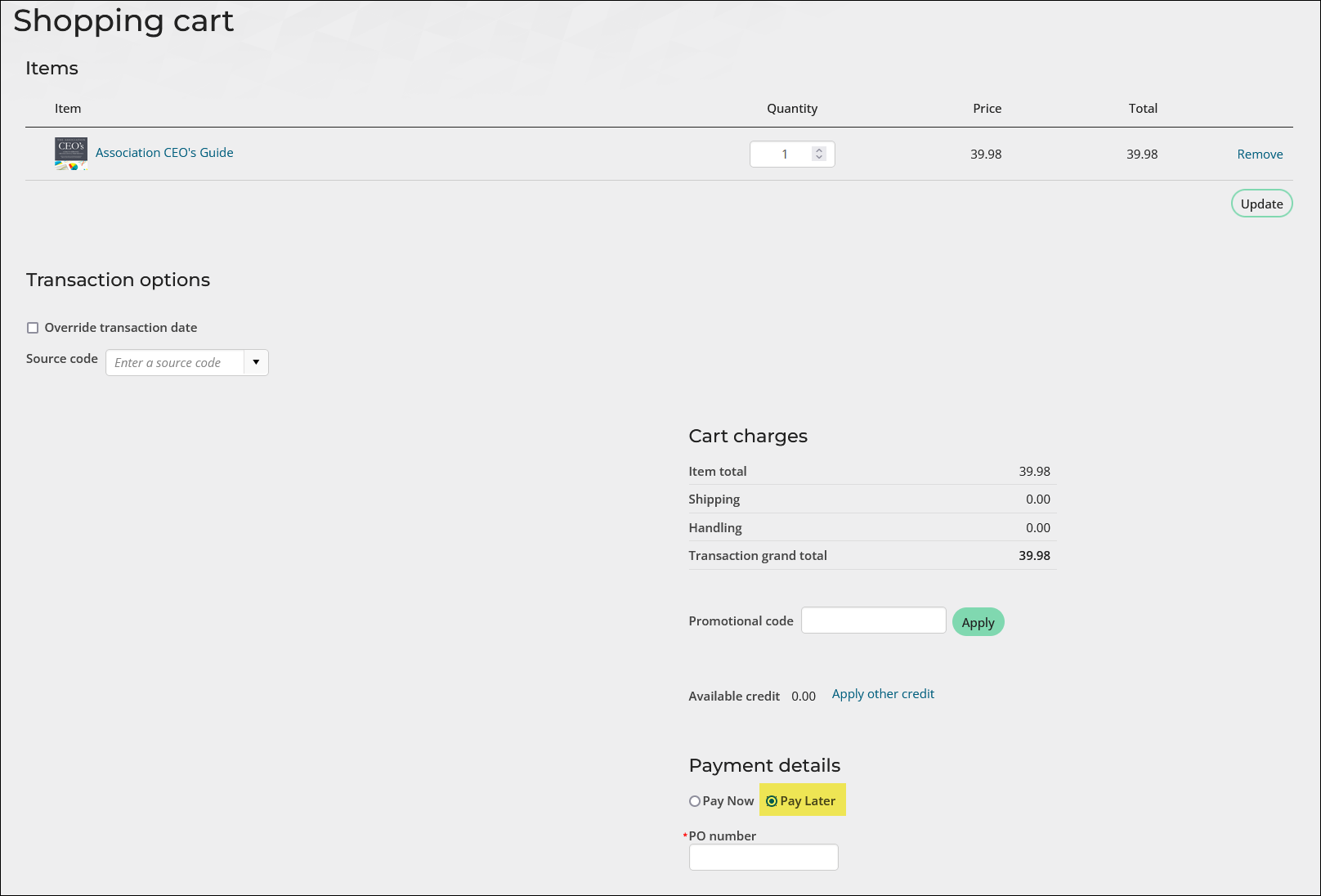Choosing pay later in the shopping cart